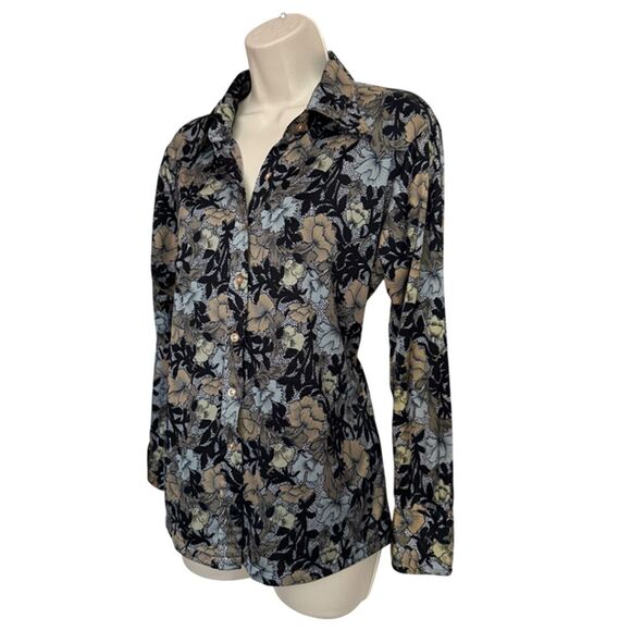 Rare 70s Vintage Brown, Black & Gray Floral Long Sleeve Button Down Top Size M - Picture 5 of 14